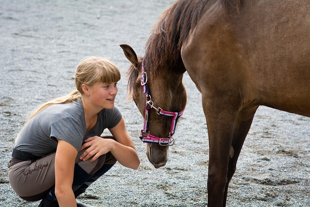 adolescente accroupie faisant face à un cheval à l'encolure baissée dans une manège